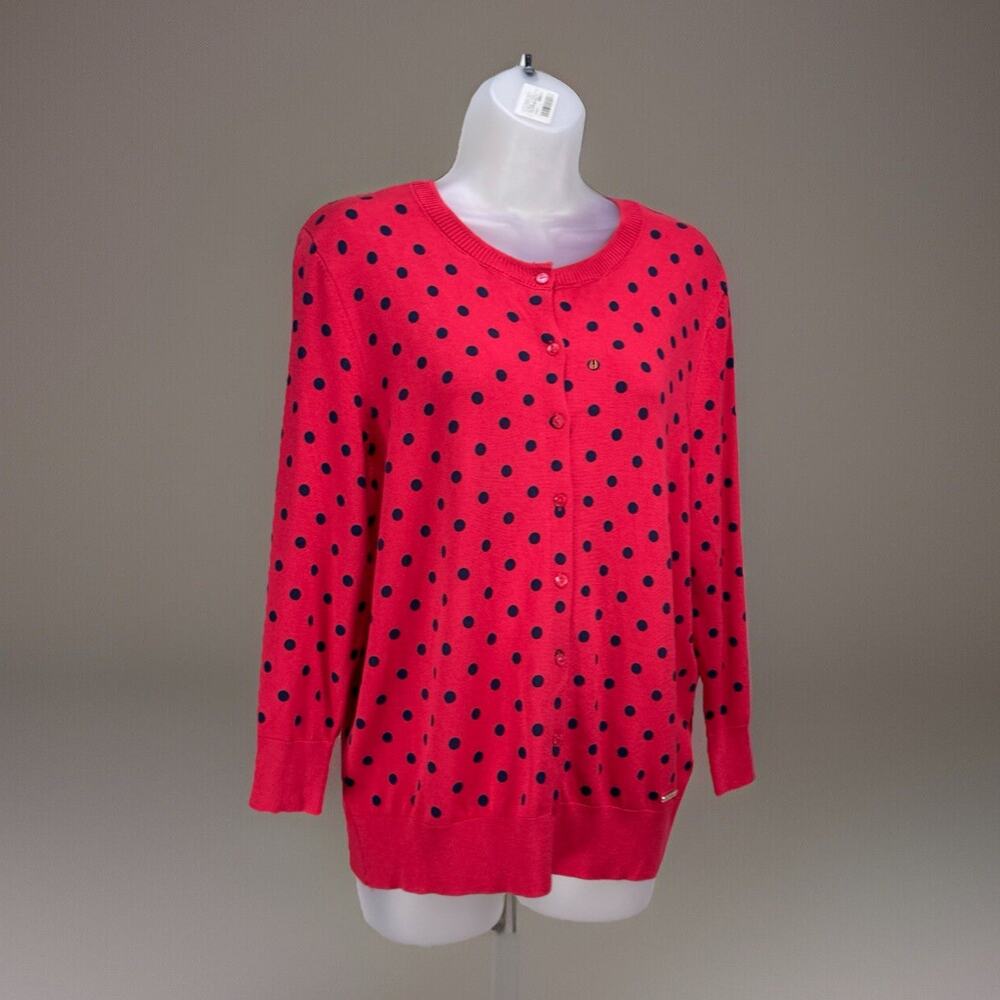 Ellen Tracy Women's Cardigan Sweater Size Large Pink Blue Polkadots 3/4 Sleeve